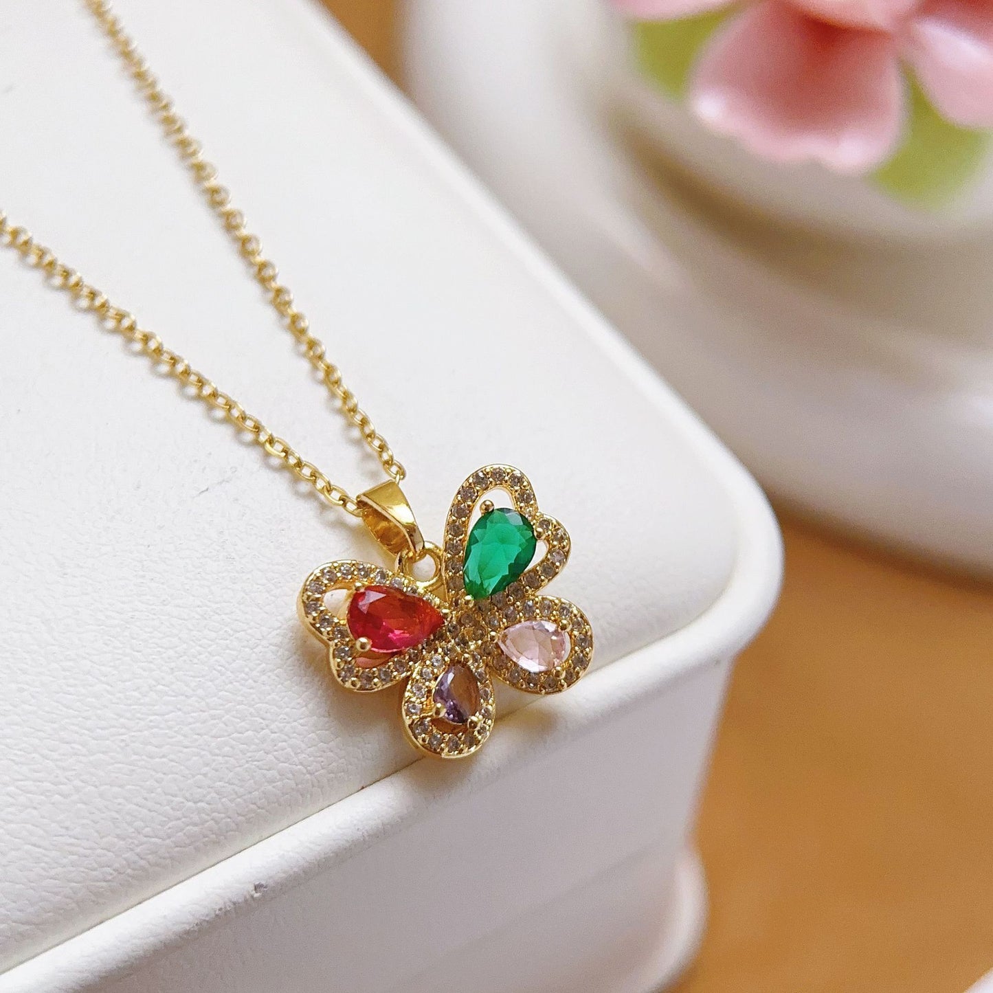 Collana Quadrifoglio Multicolor in Acciaio inox Dorato