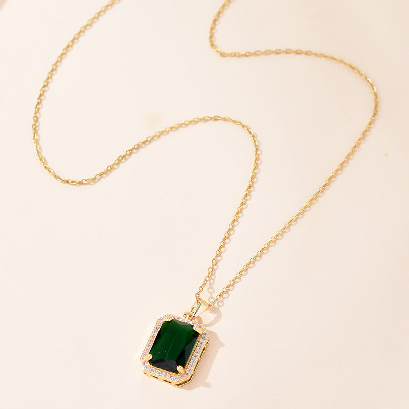 Collana Rettangolo Oro con Smeraldo Verde in Acciaio Inox