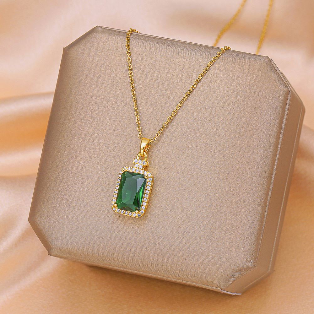 Collana Rettangolo Oro con Smeraldo Verde in Acciaio Inox