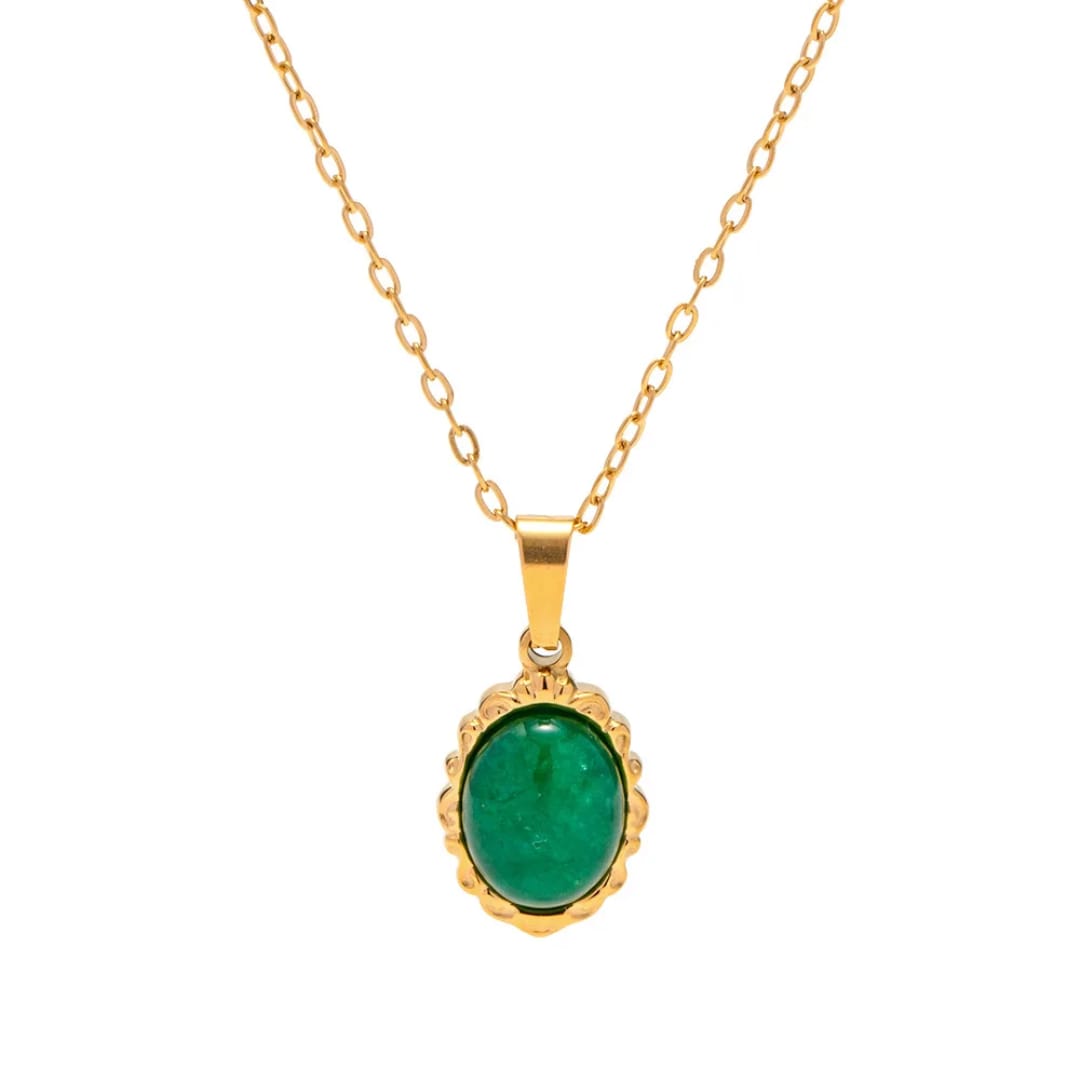 Collana con ciondolo in pietra di agata verde in acciaio inox