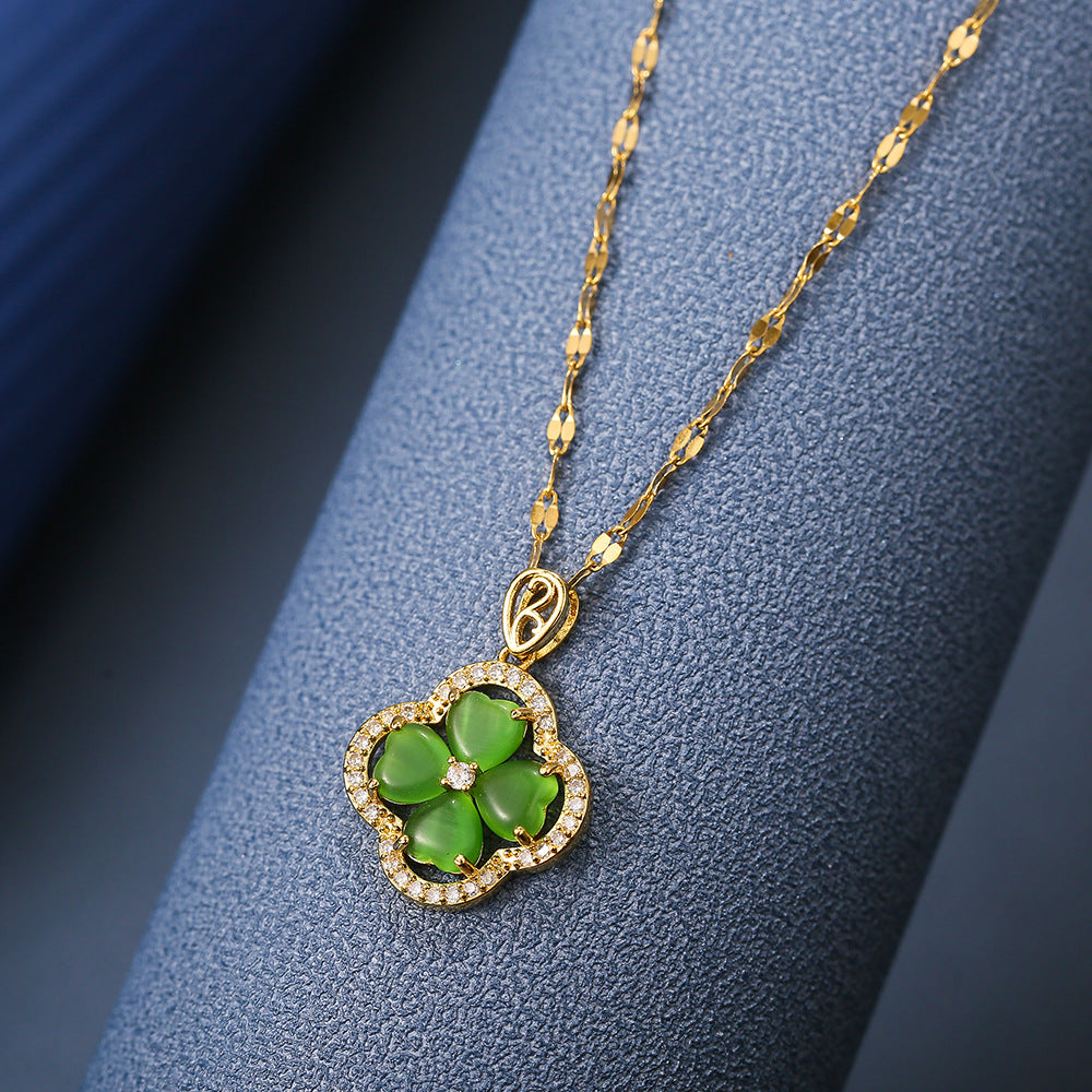 Collana trifoglio cuore smeraldo verde in acciaio inox