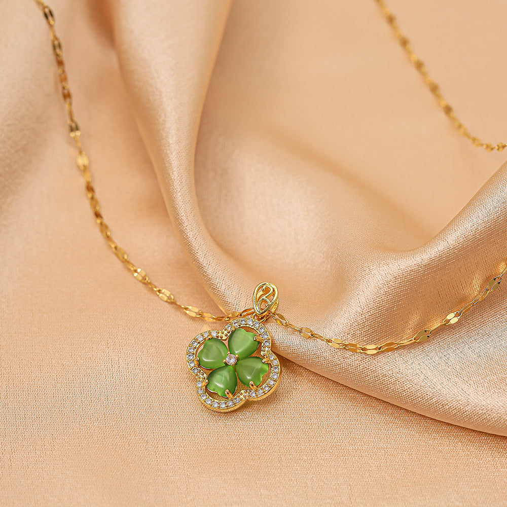 Collana trifoglio cuore smeraldo verde in acciaio inox