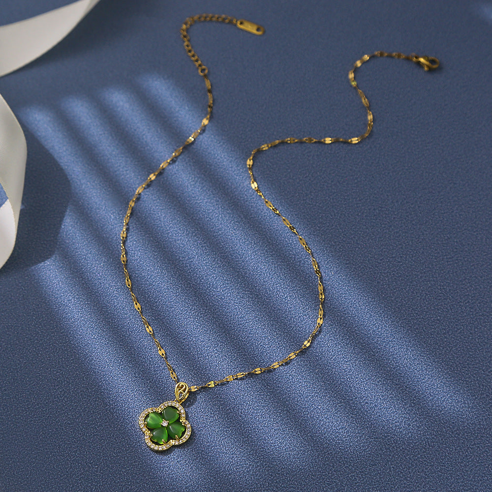 Collana trifoglio cuore smeraldo verde in acciaio inox