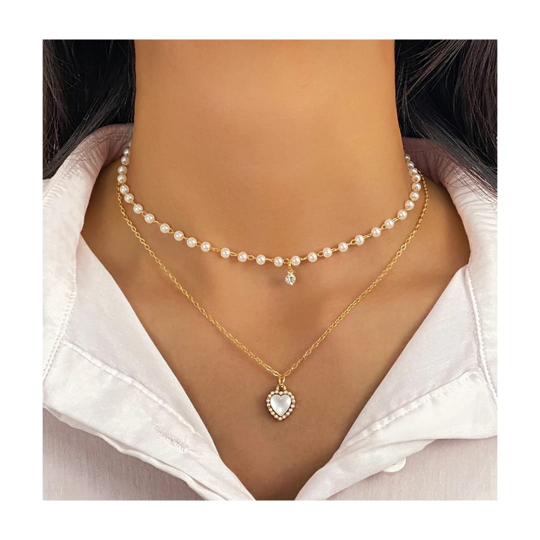 Set di 2 collane a due strati con perle e ciondolo cuore in acciaio inox