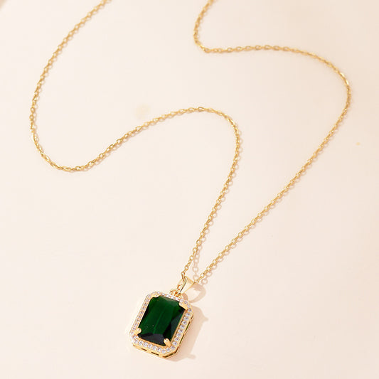 Collana Rettangolo Oro con Smeraldo Verde in Acciaio Inox