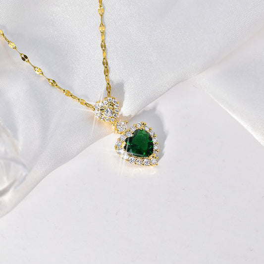Collana con ciondolo cuore e zircone verde in acciaio inox