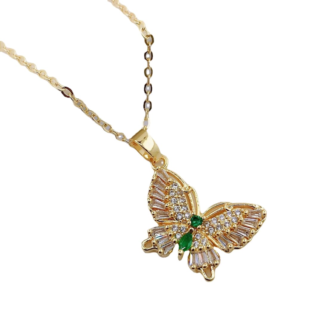 Collana con ciondolo a farfalla e diamanti in acciaio inox