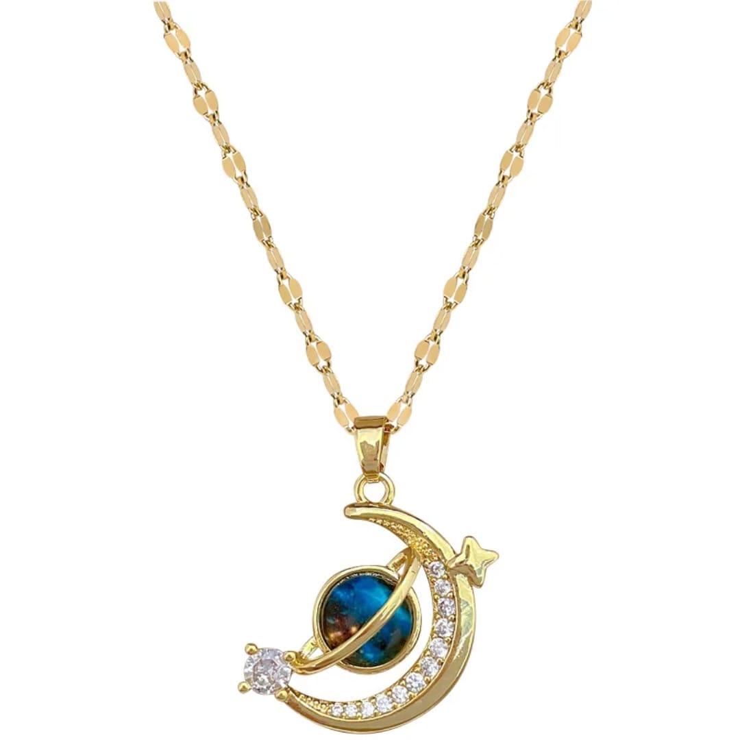 Collana con ciondolo mezza luna e mondo blu in acciaio inox
