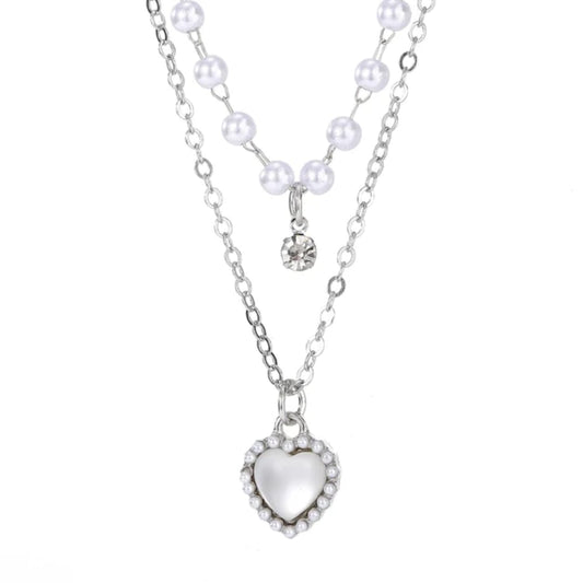 Set di 2 collane a due strati con perle e ciondolo cuore in acciaio inox